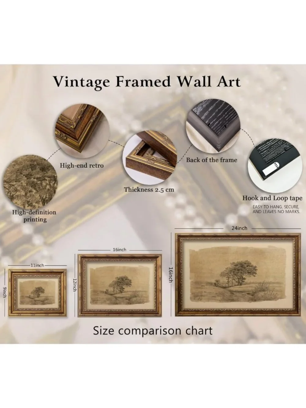 Vintage Gold Framed Rustic Landscape Wall Art, Antique Tree Grove Canvas Print